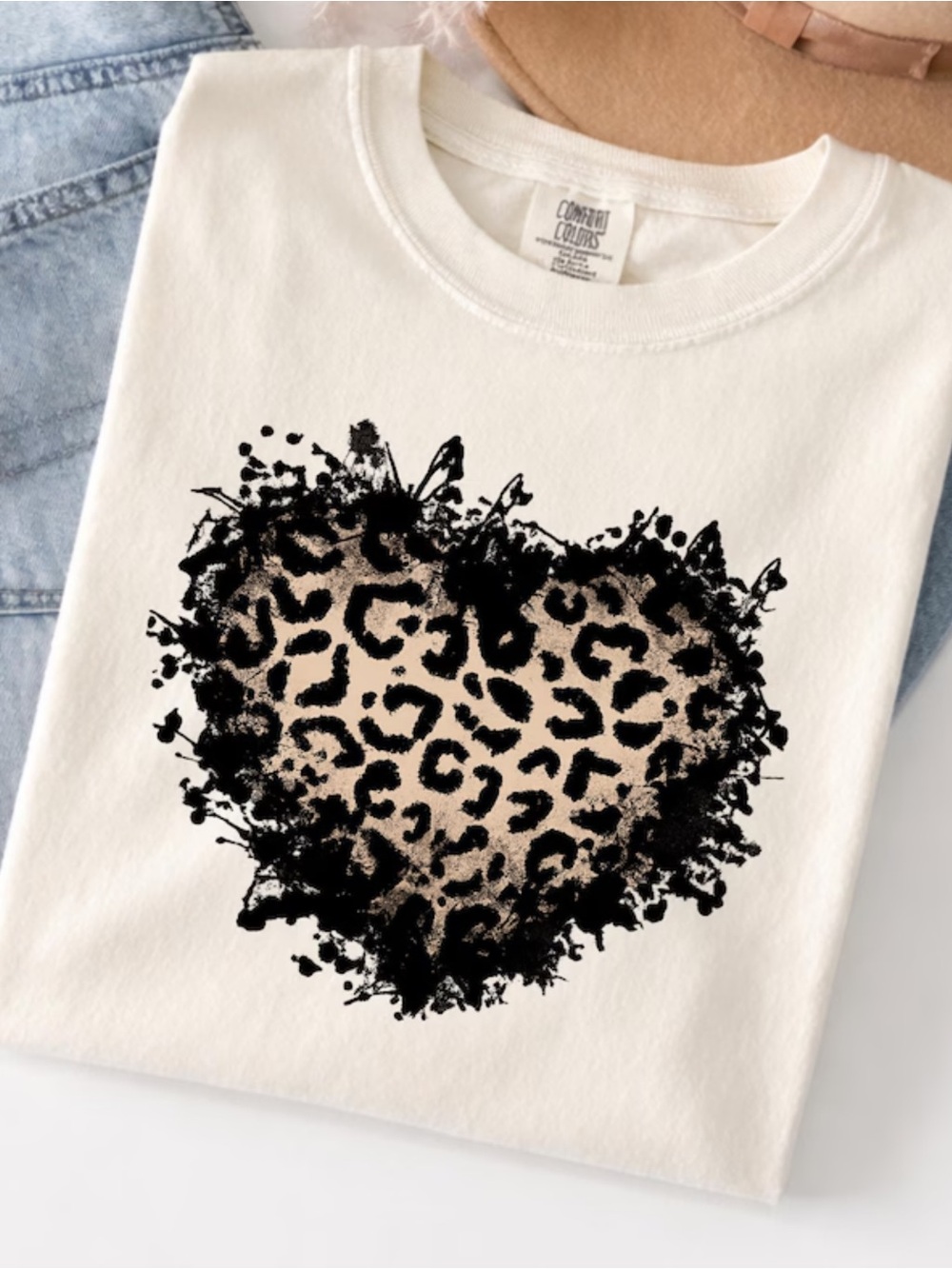 Comfort Colors White Short Sleeve Tee with Leopard Heart Graphic